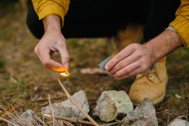 野外生存。一名大胡子男子在松枝搭建的临时避难所附近生火。图片下载