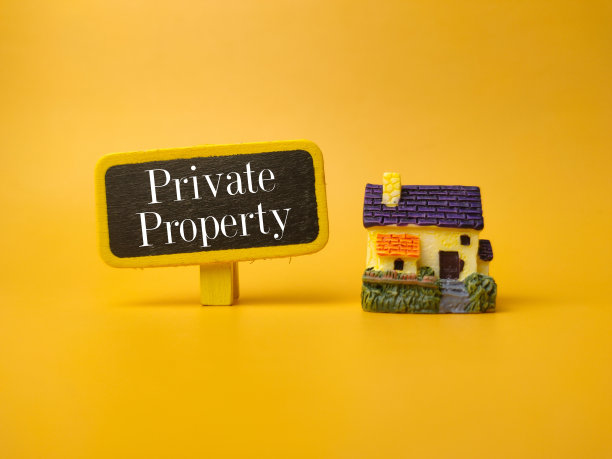 微型房屋和木板，黄色背景上有私人财产字样图片下载