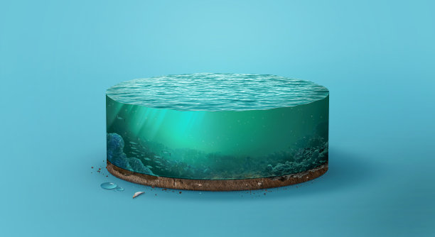 有鱼的鱼缸或海洋。海洋分离的三维插图。不寻常的例子图片下载