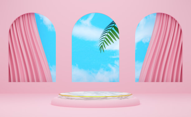 讲台空的几何形状和窗帘的粉红色粉彩组成的现代舞台展示和极简主义的模型，抽象的橱窗背景，概念3d插图或3d渲染图片下载
