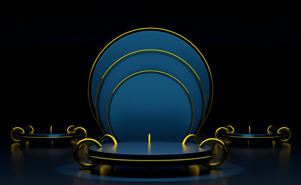 讲台空的几何形状在蓝色组成的现代舞台展示和极简主义的模型，抽象的橱窗背景，概念3d插图或3d渲染图片下载