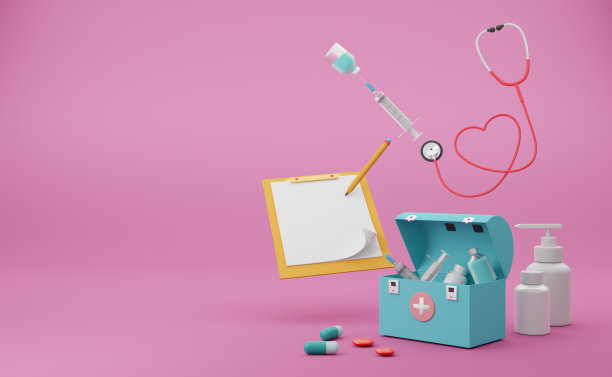 急救箱与听诊器和注射器在粉红色的背景，概念3d插图或3d渲染图片下载