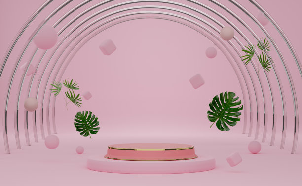 讲台空的几何形状粉红色粉彩组成的现代舞台展示和极简主义的模型，抽象的橱窗背景，概念3d插图或3d渲染图片下载