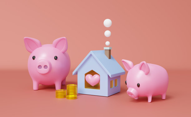 储蓄罐家庭金币钱在粉红色的组成背景，存钱的概念，3d插图或3d渲染图片下载