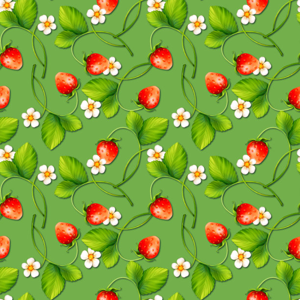 草莓背景与花，野生浆果，树叶。绿色上的无缝图案。图片下载
