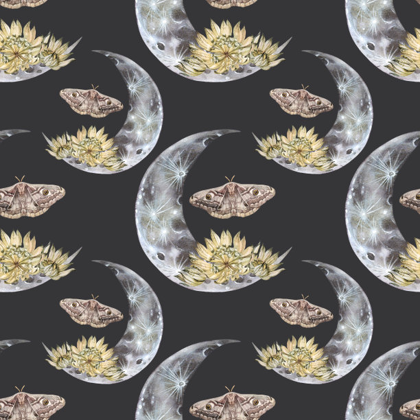 无缝图案水彩魔术月与蛾子和花在黑暗的背景。手绘夜月光灯作为壁纸。波西米亚风格的包装。天空上的占星术物体。艺术小品集图片下载