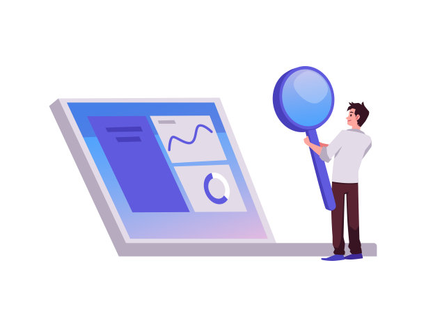 男人用放大镜在笔记本电脑上看图表，平面矢量插图孤立在白色背景上。图片下载