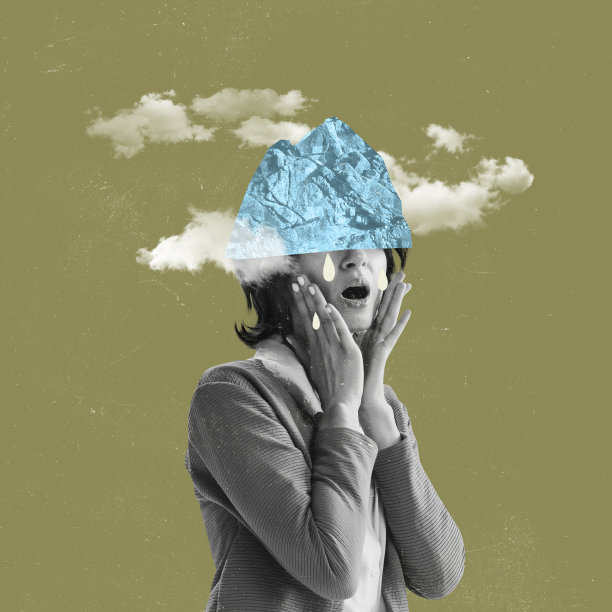 当代艺术拼贴。概念上的形象。年轻女子感到悲伤。复古风格设计的概念，内心世界，心理，情感和感受图片下载