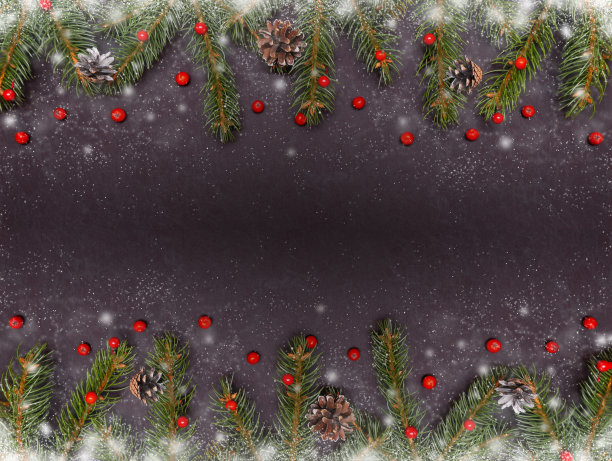 云杉，冷杉枝，红色浆果，石头纹理背景上的雪。帧边界。圣诞新年作文背景贺卡。圣诞灯。空间的文本。横幅。图片下载