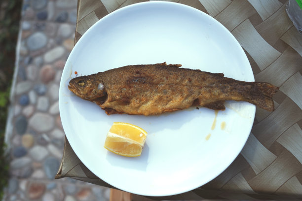 煮好的淡水鲑鱼放在白色盘子里图片下载