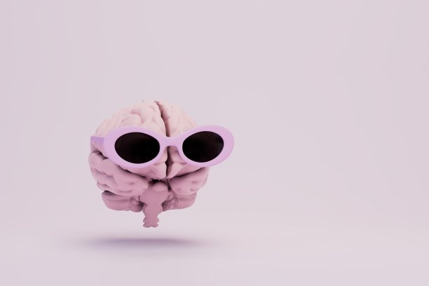 色彩柔和的背景下，戴着玫瑰色眼镜的迷人大脑。复制粘贴，复制空格。三维渲染图片下载