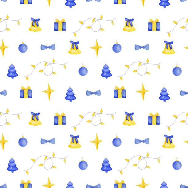 金钟、礼物、星星、圣诞树装饰、花环无缝衔接。水彩叮当与蓝色蝴蝶结，轻花环，圣诞球，present无尽的印刷。圣诞装饰品。图片下载