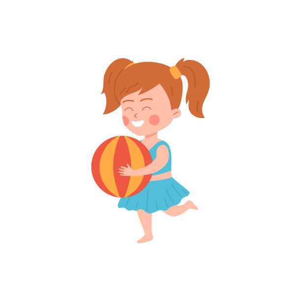 快乐的小女孩用球扁风格，矢量插画图片下载