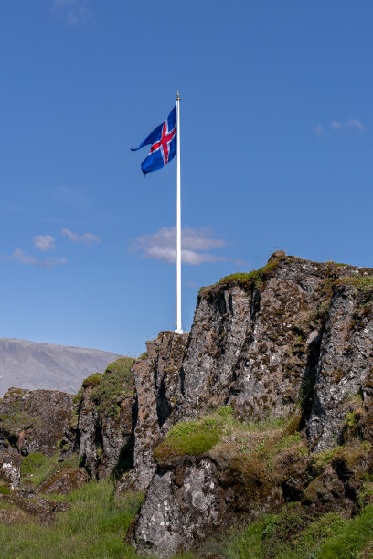 在Thingvellir国家公园，美丽的冰岛国旗挥舞着美丽的红、白、蓝三色图片下载