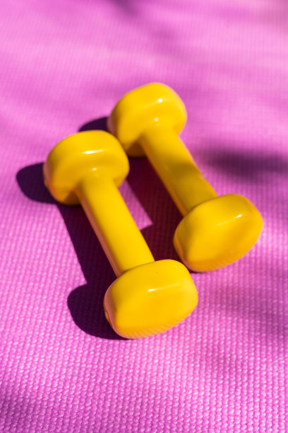 两个哑铃在工作室与粉红色的背景，训练设备图片下载