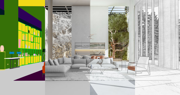 3D图层编辑通道效果图:带树和垂直花园的豪华大客厅。混合组合风格的模型，现实，颜色和数字绘图草图图片下载