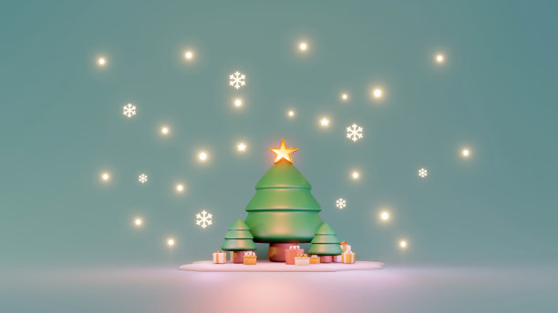 3D渲染概念的礼品盒圣诞树和闪亮的星星在蓝色背景。3d渲染卡通风格。图片下载
