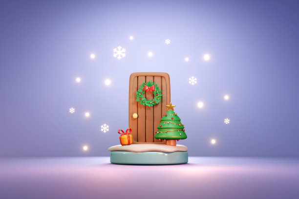 3D渲染的概念花花环的门与礼物圣诞树和闪亮的星星在讲台上紫色的背景。3d渲染卡通风格。图片下载