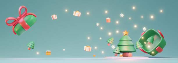 3D渲染概念的礼盒打开与圣诞树闪亮的星星和空间的文字蓝色背景为商业。3d渲染卡通风格。图片下载
