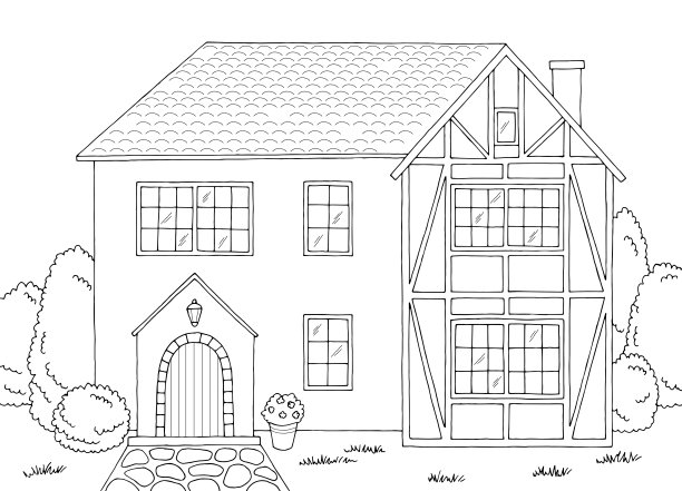 古英国房屋图形黑白景观素描插图矢量图片下载