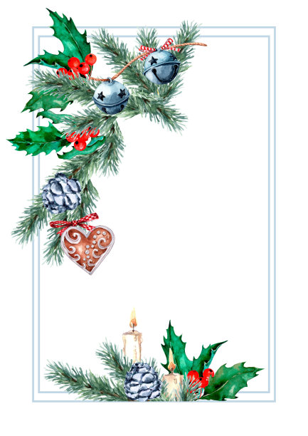 浪漫的圣诞组成燃烧的蜡烛，冷杉枝与蓝色的球果，冬青与浆果，花环，银铃，姜饼。圣诞帧。手绘水彩插图。图片下载
