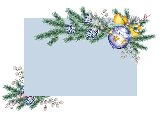 圣诞组成玻璃球与金弓，冷杉枝，球果，嚏根草与浆果，槲寄生。长方形的圣诞画框，你的文字。手绘水彩插图，蓝色背景。图片下载