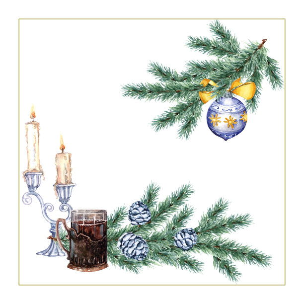 圣诞架冷杉树枝，玻璃层，圣诞树玩具，毛绒圣诞树，玻璃，蜡烛，烛台。手绘水彩插图在白色背景的卡片，祝贺。图片下载