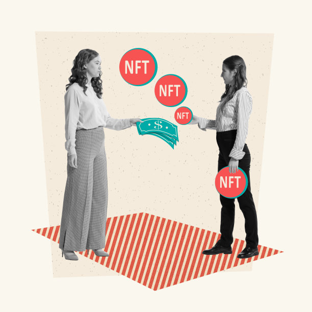 当代艺术拼贴。从事非货币交易的妇女用货币兑换代币。图片下载