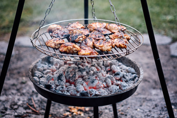 户外炭烤架烤鸡腿。烧烤鸡肉。有褶边的带骨鸡腿和鸡大腿图片下载