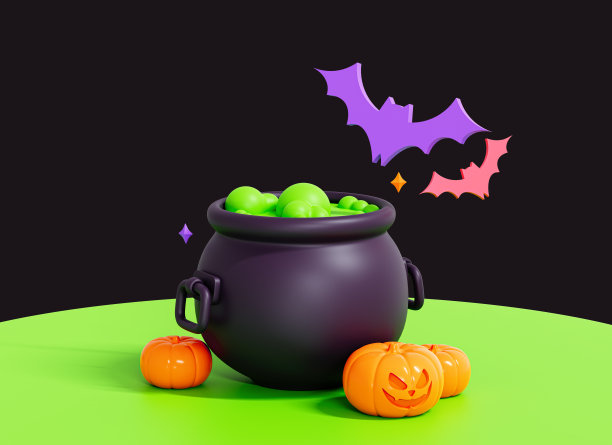 3D快乐万圣节海报与大锅与毒药。邪恶的南瓜和蝙蝠。庆祝横幅用于促销、销售。孤立在黑色背景上的卡通创意设计插画。三维渲染图片下载