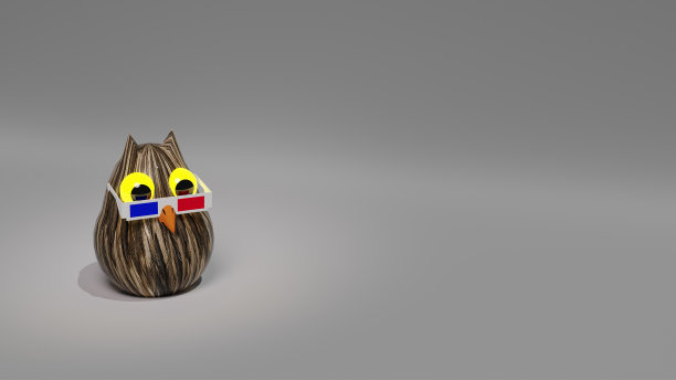 3d渲染的猫头鹰在3d眼镜的电影院。用于设计电影院的横幅，观看电影和广告。一个极简风格的猫头鹰在灰色背景上的3d字符。图片下载