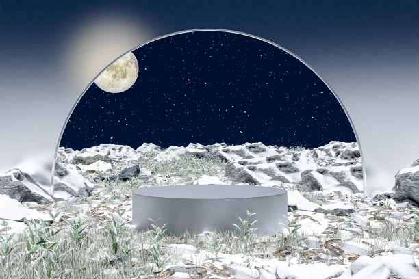 3D渲染平台和自然平台背景上的冰雪玻璃拱门，草地，夜晚的月亮为产品展台展示化妆品美容产品或护肤品图片下载