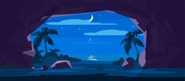 夜景石洞入口以月、水和棕榈的剪影外平风格图片下载