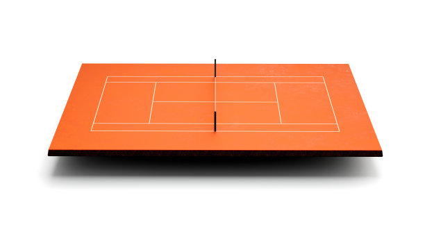 网球场红土上视野球场有标记的场地。红土球场，网网3d插图图片下载