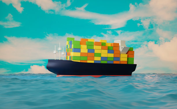 海洋运输中的集装箱货船，货运海运或海运概念，三维插图或三维效果图图片下载