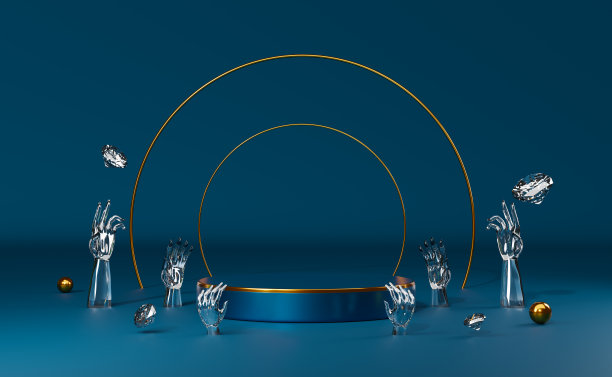 讲台空的玻璃手和蓝色钻石组成的现代舞台展示和极简主义的模型，抽象的橱窗背景，概念3d插图或3d渲染图片下载