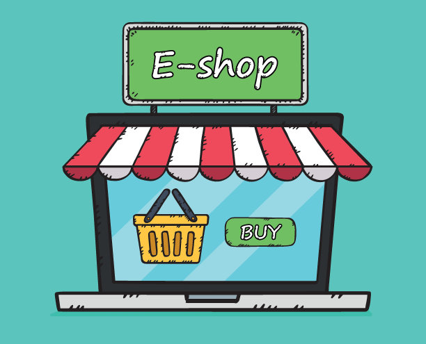手绘矢量图形，显示在笔记本电脑屏幕上的在线商店，带有购物车和购买按钮。图片下载