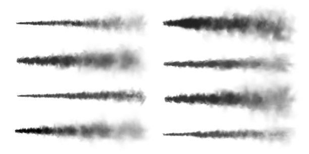 逼真的导弹或子弹痕迹。飞机的凝结痕迹，喷气式飞机的痕迹。太空火箭发射。黑烟云，爆炸。蒸汽流量。矢量图图片下载