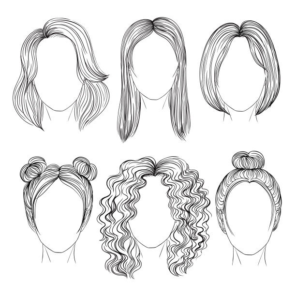 一套不同的头发和发型。刘海卷曲梯级卡雷。铅笔素描。图片下载