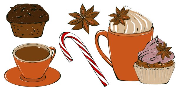 一套咖啡杯与咖啡和甜泡沫。手绘插图孤立在白色背景。图片下载