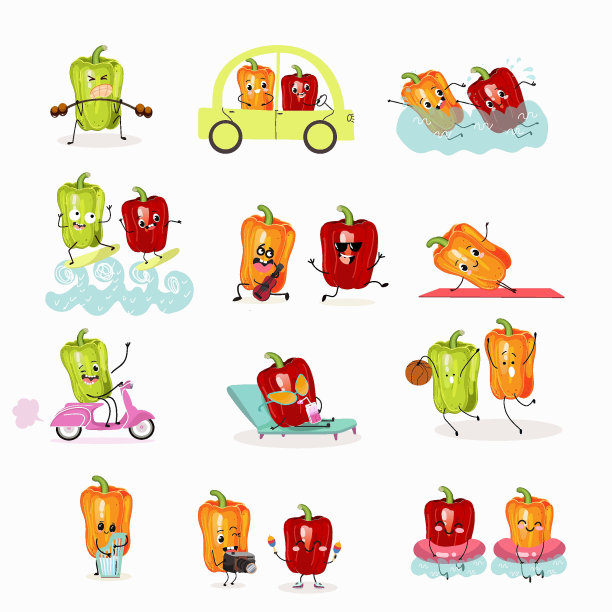 矢量集滑稽卡通甜椒角色踏板车，玩乐器，度假，健康食品，配料，儿童t恤设计。图片下载
