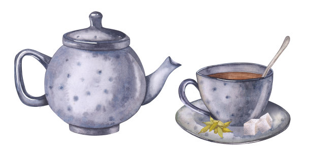 水彩画插图茶具小豆蔻，糖。手绘卡片孤立在白色背景上。茶具插图包装设计，炊具。图片下载