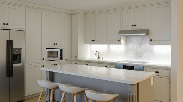 带有白色厨房的室内3d渲染图。室内采用了柔和的浅色。新房子。图片下载