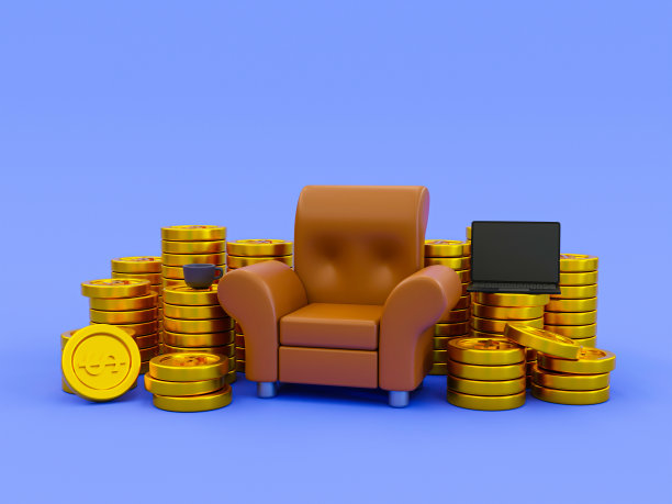 3d最低限度的财务规划。未来的投资。投资计划。成功的市场营销计划。战略管理。沙发上放着一堆钱。3 d演示。图片下载