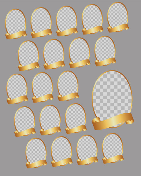 一套椭圆形相框与金色弯曲丝带为题词。20个空白的肖像模板。毕业模拟，假期，祝贺，相册，拼贴画。每股收益10。图片下载