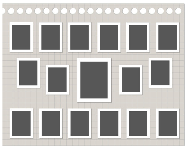 一套黑色相框在一张笔记本纸在一个笼与圆孔。向量的现实模型。17张白色边框的照片卡。空白模板拼贴画和设计。EPS10。图片下载