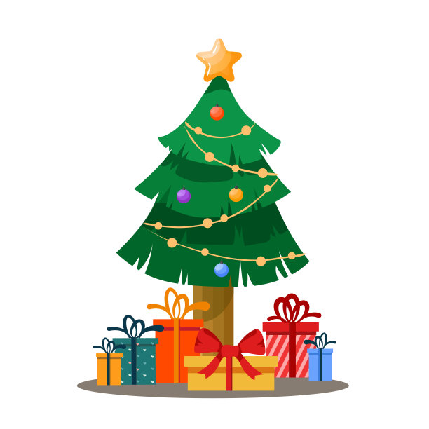 圣诞树和礼物。祝贺你的圣诞卡。卡通风格的矢量插图。图片下载