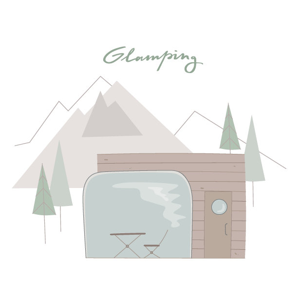 豪华别墅，全景窗户，周围的野生自然，山脉，松林。可用于卡片，网络，社交媒体。图片下载