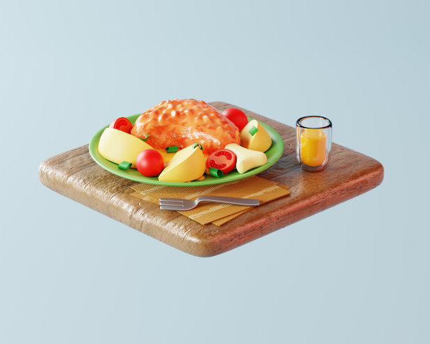 3d晚餐插画，有烤鸡腿、圣女果和土豆角，还有一杯果汁放在木桌上。图片下载