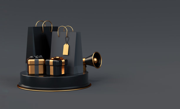 黑色星期五传单模板与购物袋和礼物在黑暗的背景和复制空间在3D渲染。促销营销提供和网上购物的概念图片下载